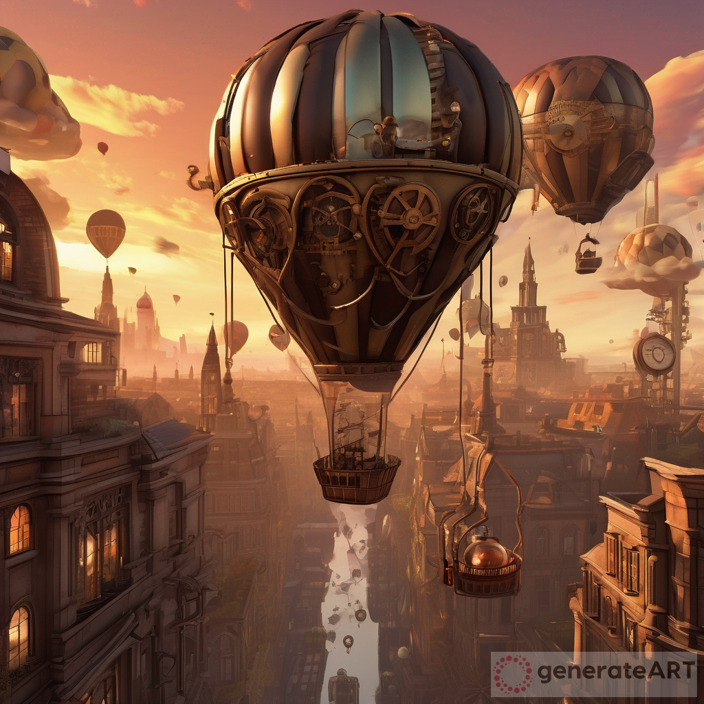 Steampunk Cityscape: A Sunset Sojourn among Hot Air Balloons