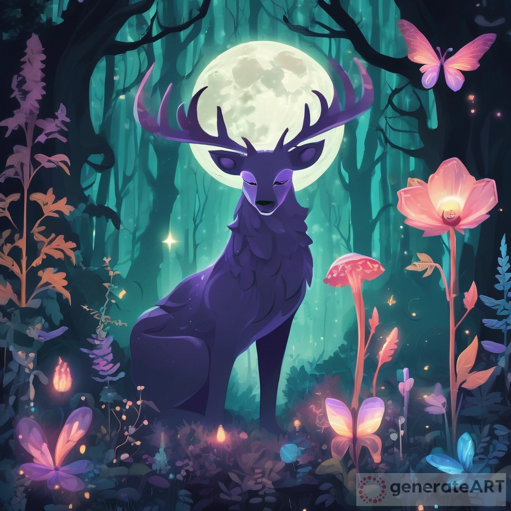 Enchanting Moonlit Forests: A Dance of Mythical Creatures and Glowing Flowers