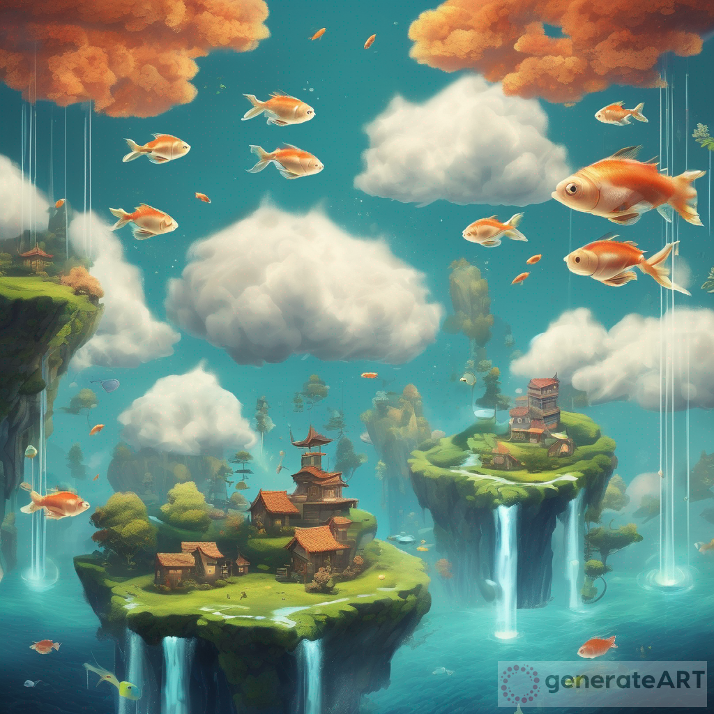 Whimsical Landscape: Floating Islands, Waterfall from Clouds and Air-Swimming Fish