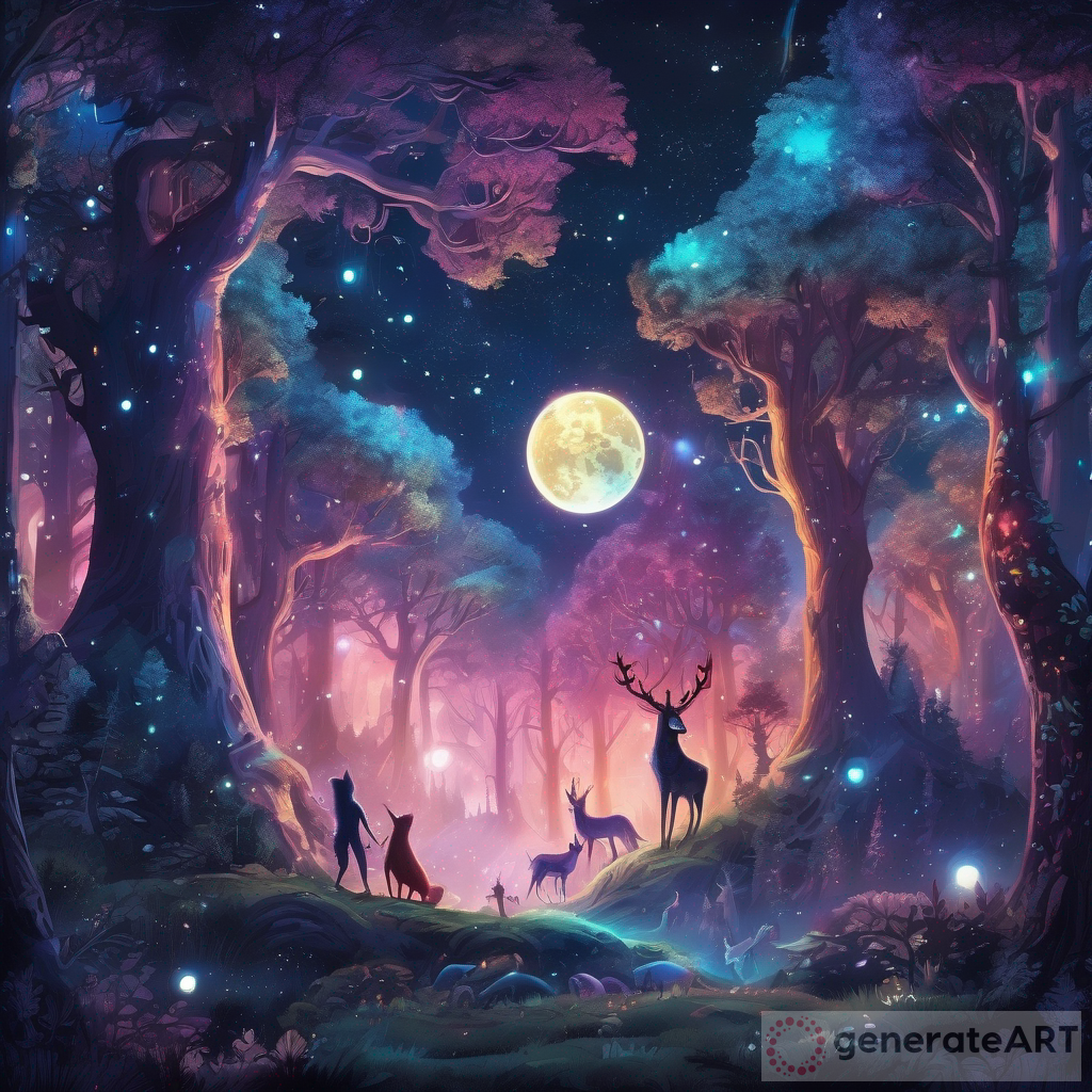 Mythical Melody - Night Sky's Tranquility in a Magical Forest