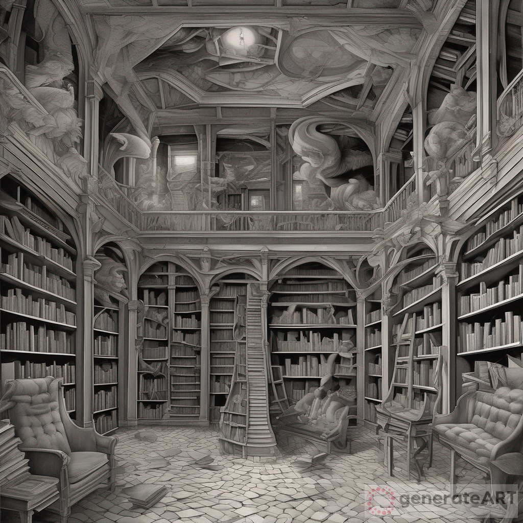 Unveiling Forgotten Dreams: A Sunken Library in the Style of M.C Escher Goblincore
