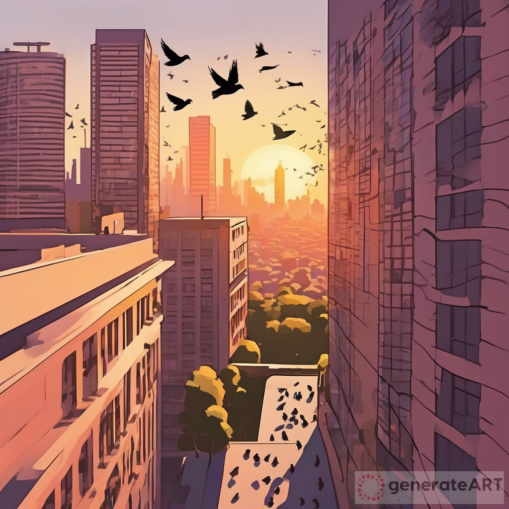 Spectacular Sunset Landscape: Pigeons, Skyscrapers and City Life