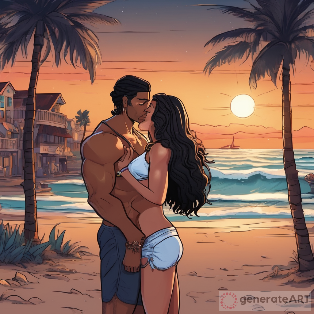 Romantic Beach Sunset: Spanish American Man and White Woman Kissing
