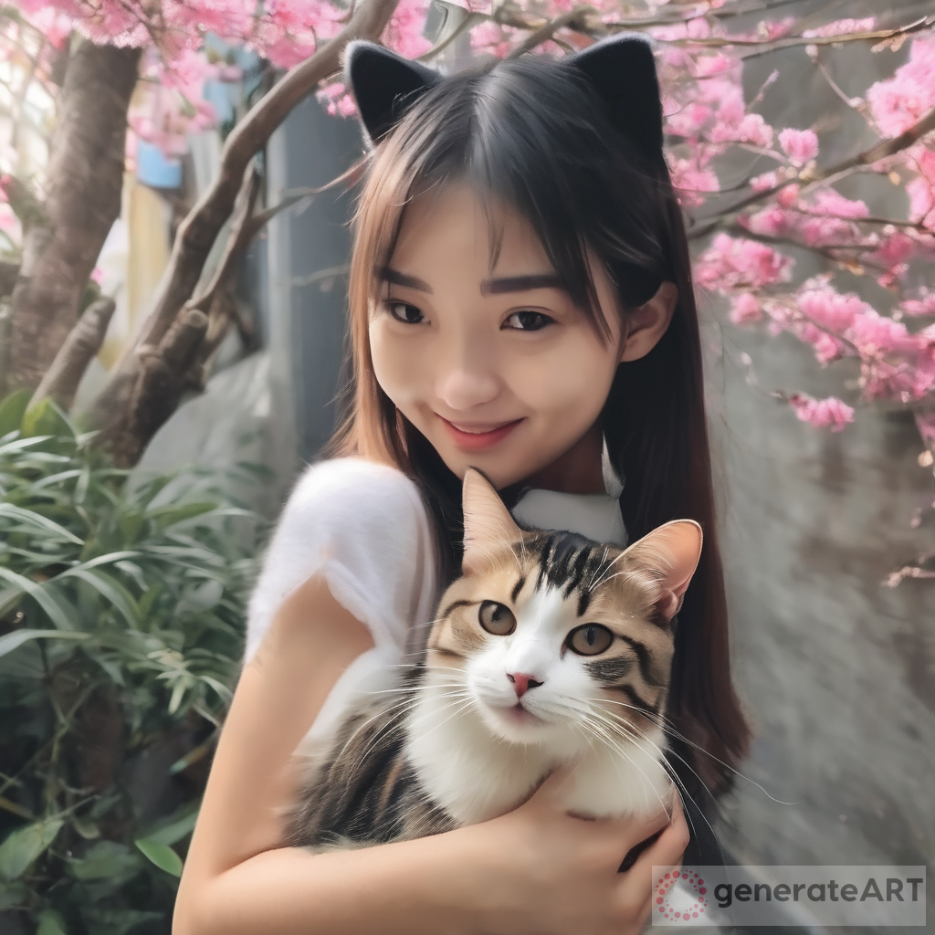 A Cute Cat and a Beautiful Young Asian Girl