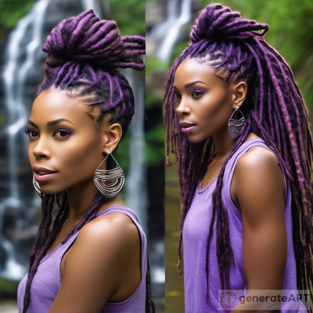African American Woman Style: Long Length Dreadlocks and Purple Tank Top with Waterfall Background