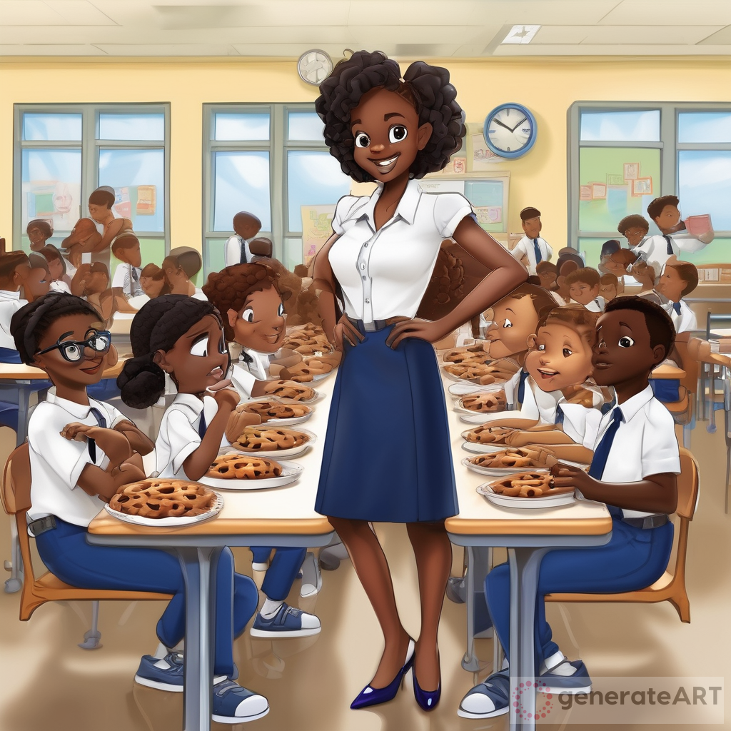 Lively School Lunchroom: Melanin Woman Teacher, Delicious Food, and Joyful Moments