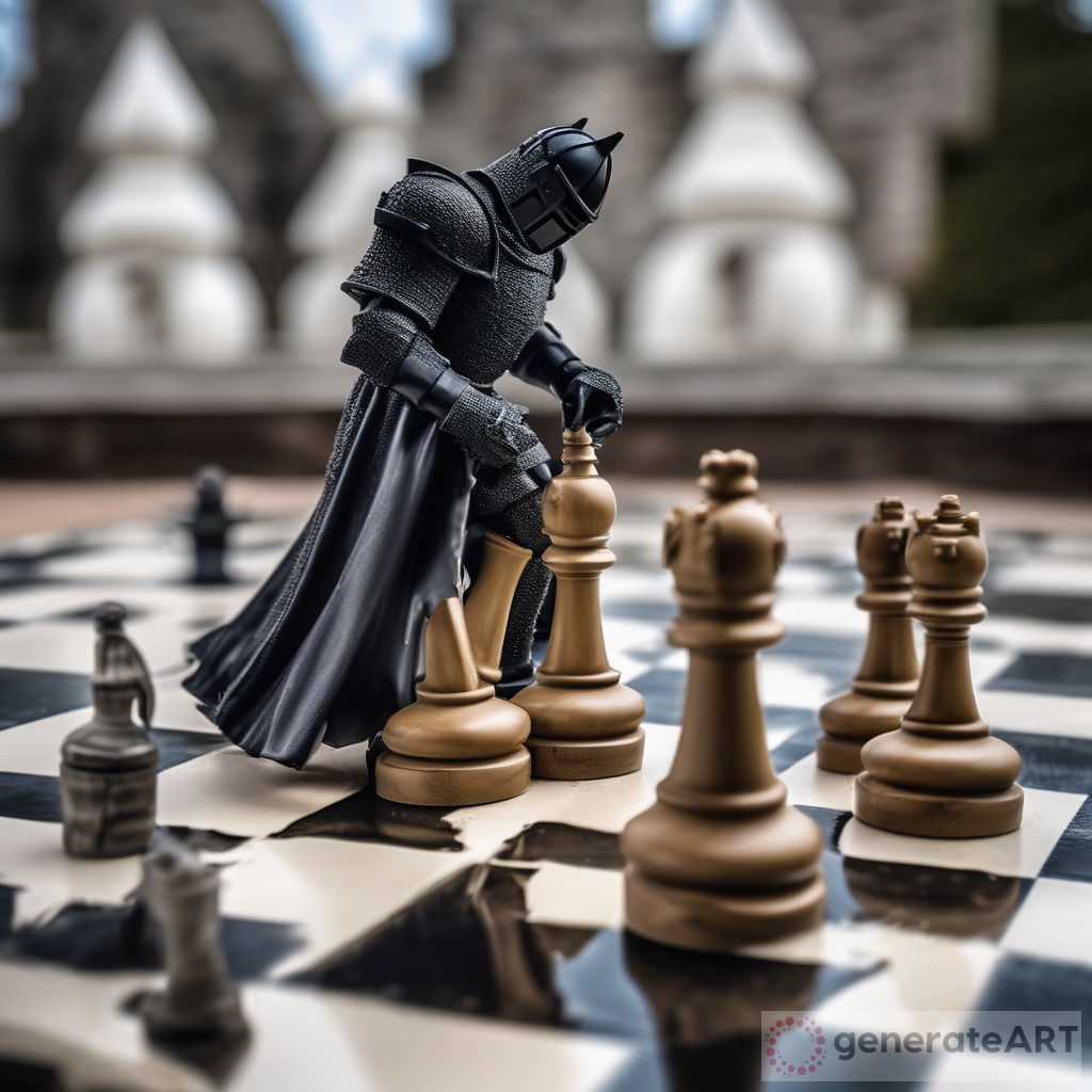 Chess Battle: Black Knight vs. White Bishop on a Shiny Chessboard with Burning Castle Ruins