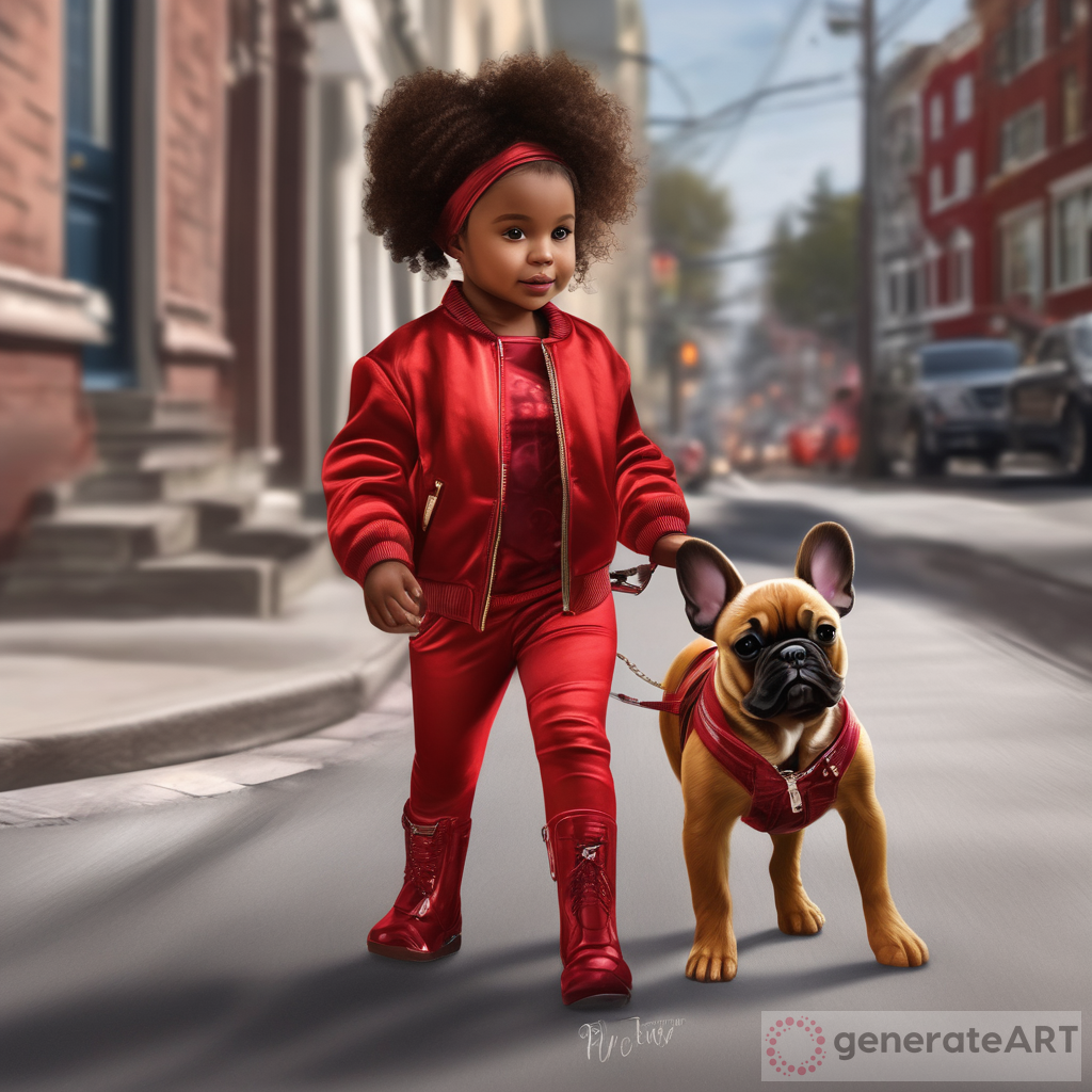 Photo Realistic Illustration of Little Brown Skin Girl with Brindle Frenchie Puppy