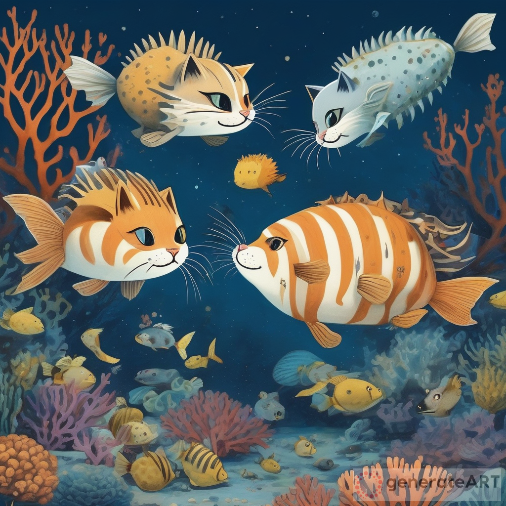 Cats with Wings Swimming with Puffer Fish on a Moonlit Night at a Coral Reef