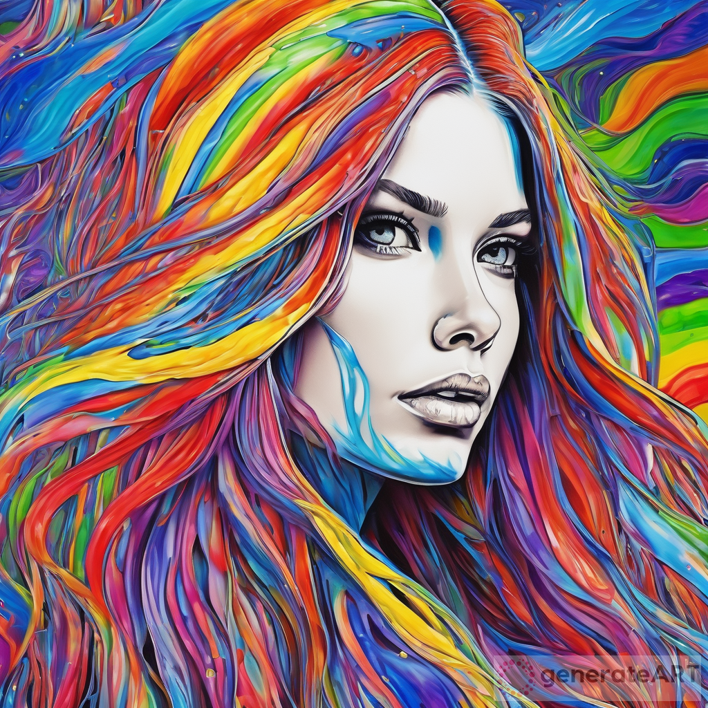 Hydro-Dipped Painting: A Stunning Portrait of a Woman with Long Rainbow-Colored Hair