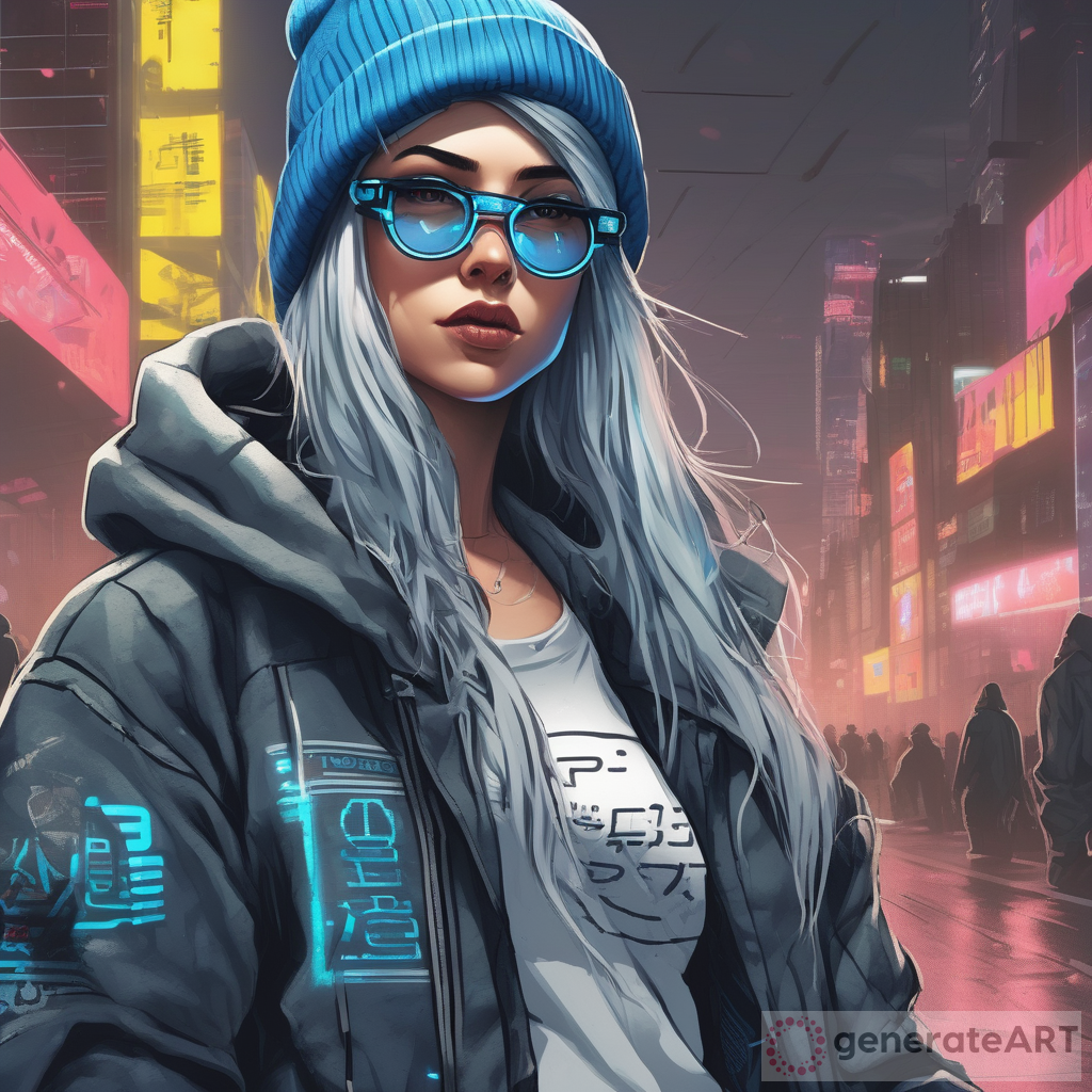 Cute Female Cyberpunk Hacker with Blue Colored Glasses