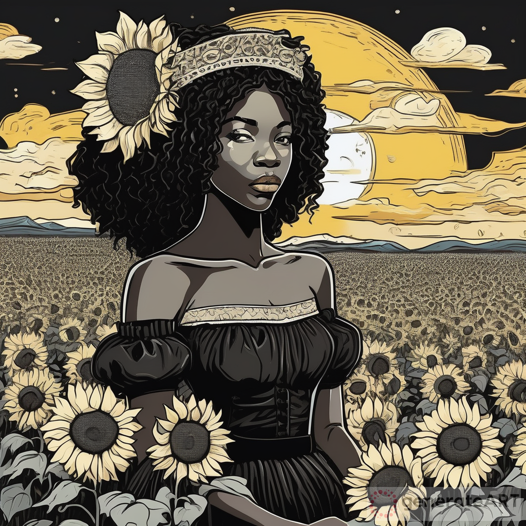 A Beautiful Black Princess in a Field of Sunflowers - Vincent van Gogh Style
