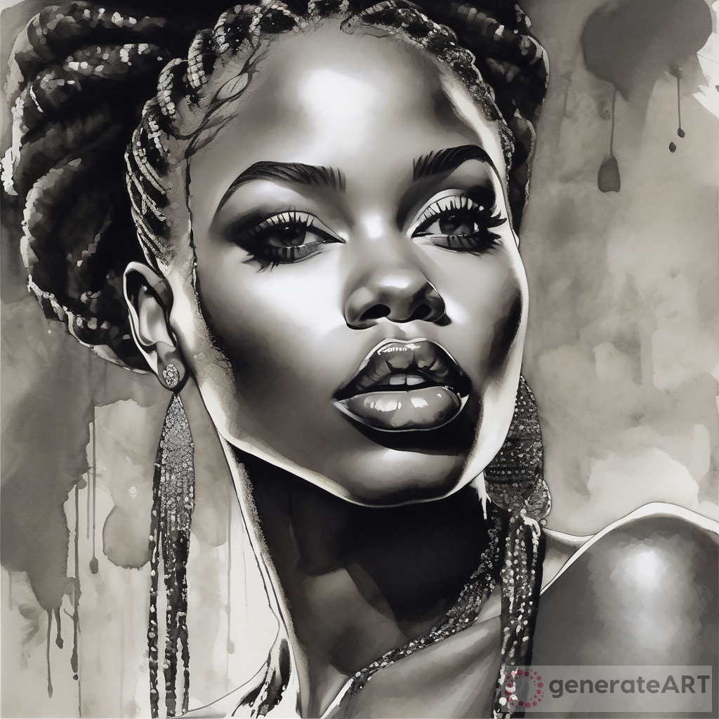 Exquisite Ink Painting: Captivating African American Woman with Neat Braided Style, Diamond Accents, and Radiant Beauty