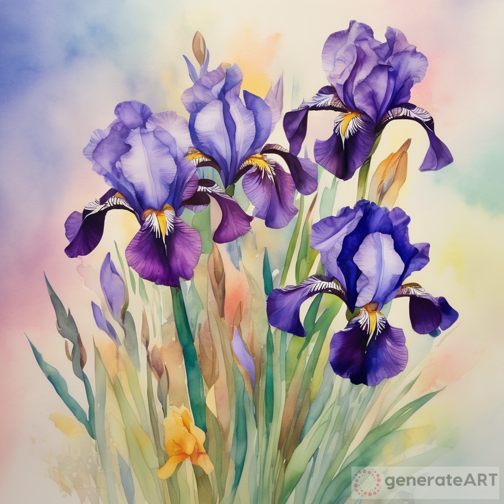 Captivating Beauty: A Watercolor Bouquet of Irises on a Pastel Background