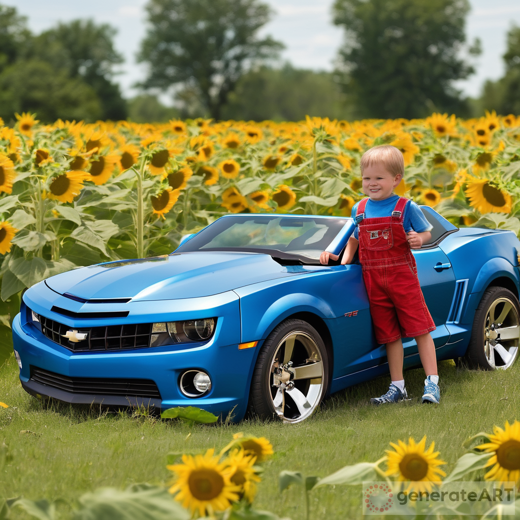 Captivating Scene: A 2010 Red Super Sport Camaro Amidst a Field of Sunflowers and a Curious Little Boy
