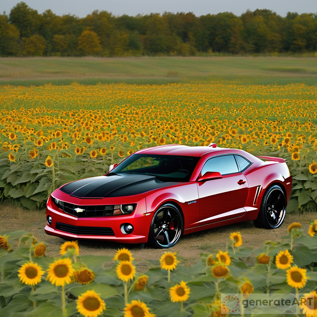 Power and Beauty Unleashed: 2010 Red Super Sport Camaro Among Sunflowers