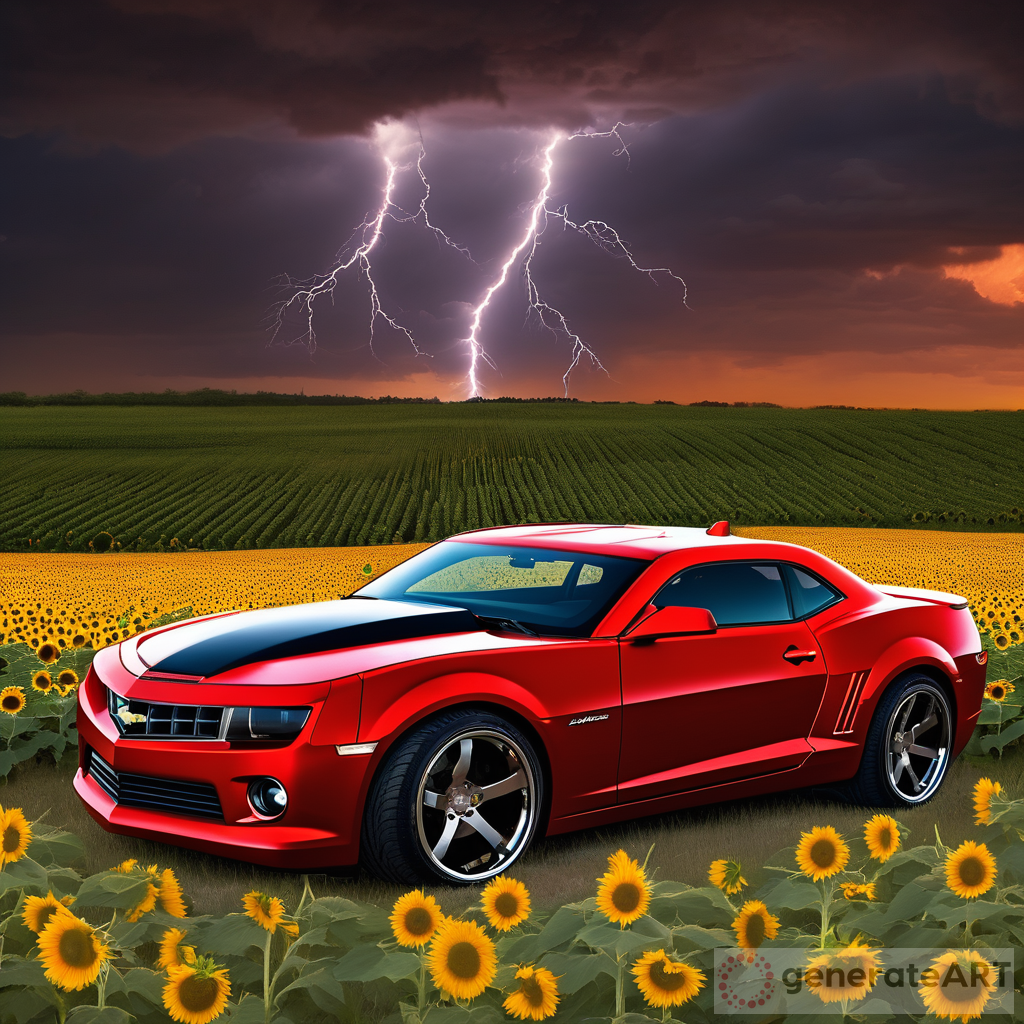 2010 Red Super Sport Camaro in an Open Field of Real Sunflowers with Lightning