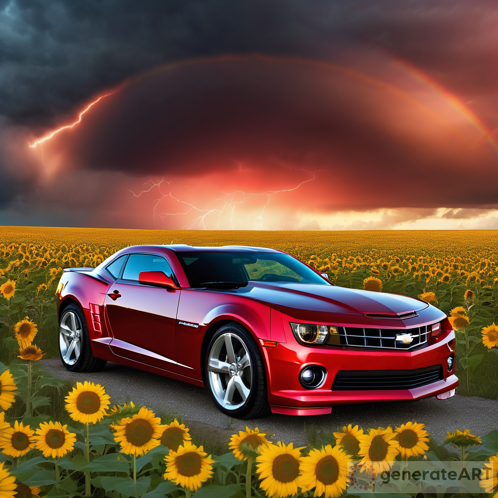 2010 Red SS Camaro with Red Hood and Black Rims in a Field of Sunflowers