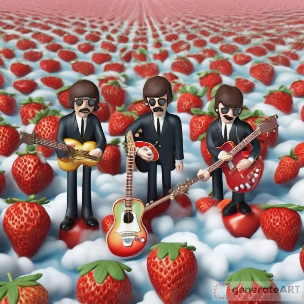 3-D Image of Beatles Playing Instruments in a Strawberry Field on a Cloud