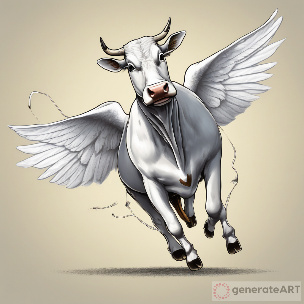 Flying Cow with White Long Wings, a Single Horn, Two Tails, and Three Eyes