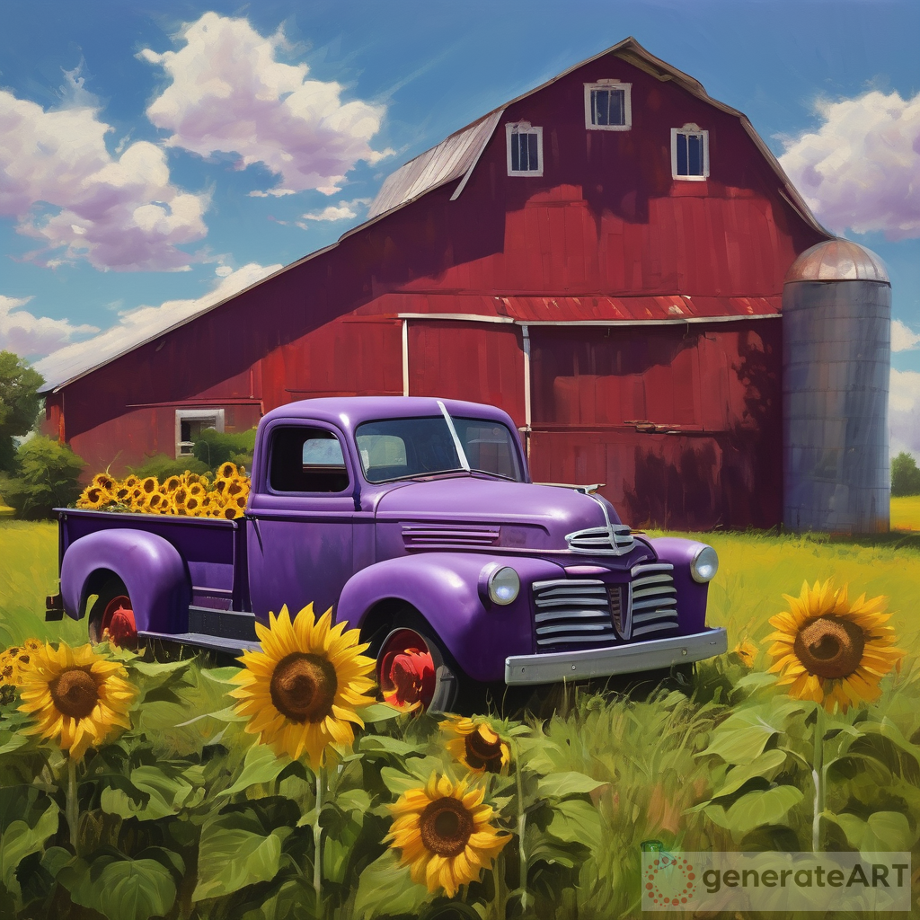 Captivating Old Purple Truck and Red Barn in Serene Rural Setting