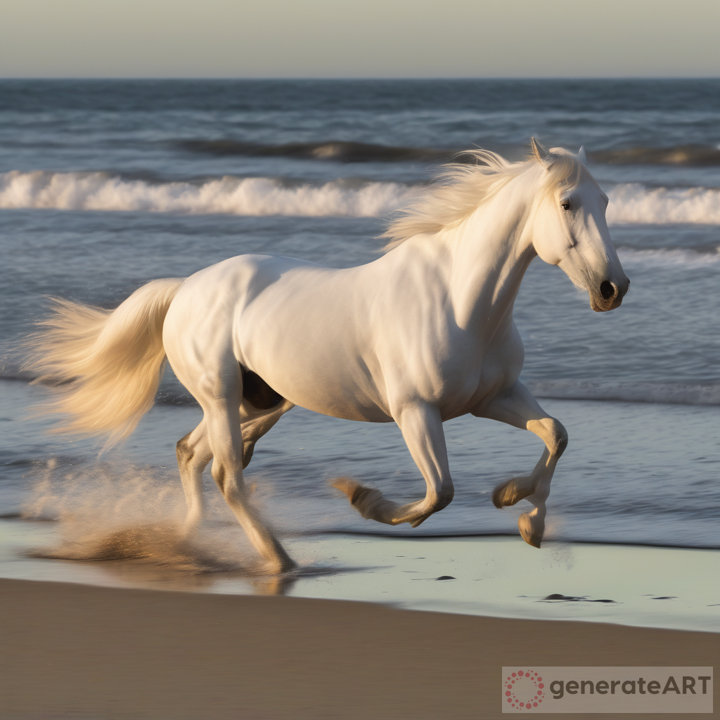 Awe-Inspiring Sight: White Stallion's Graceful Sunrise Run on the Beach