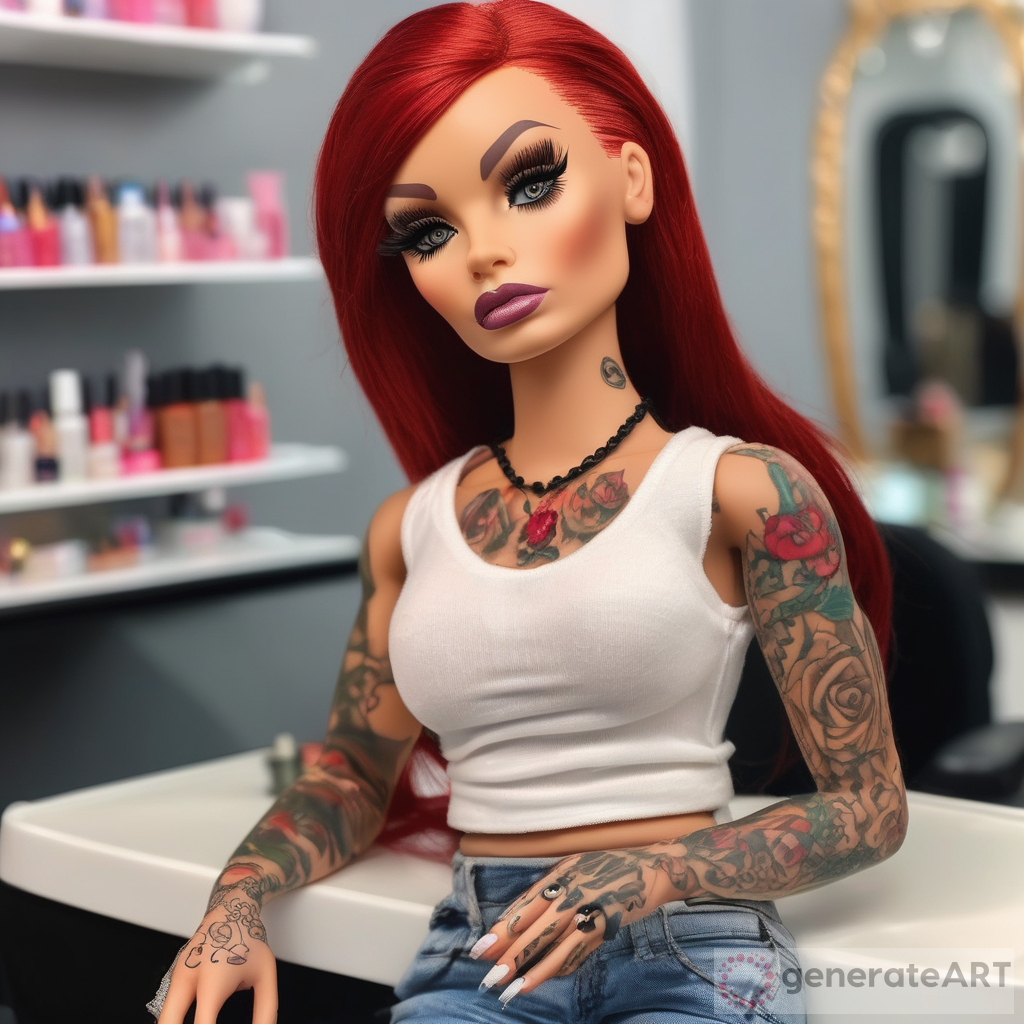 Bratz Doll with Lash Extensions, Red Hair, and Tattoos in a Nail Salon