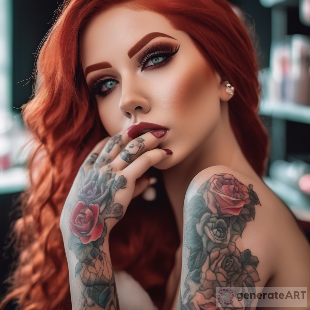 Unveiling the Beauty: A Doll with Fluffy Lash Extensions, Red Hair, Big Boobs, Big Butt, and Tattoos in a Lively Nail Salon