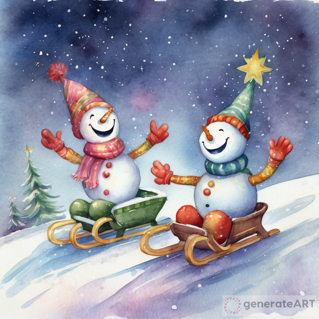 Whimsical Snowmen Sledding Adventure: A Colorful and Funny Holiday Scene