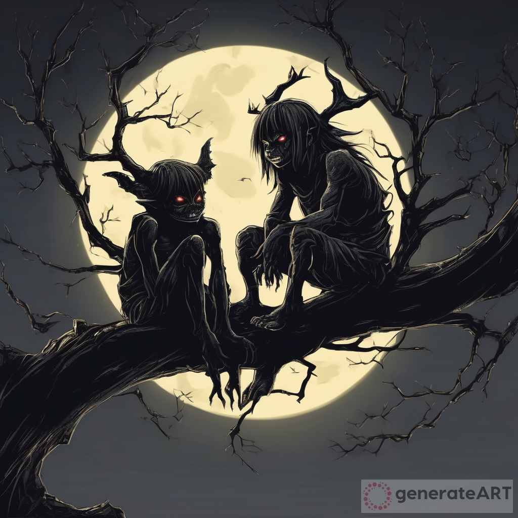 Unseen Malevolence: Child Demon on a Tree Branch in the Dark Night