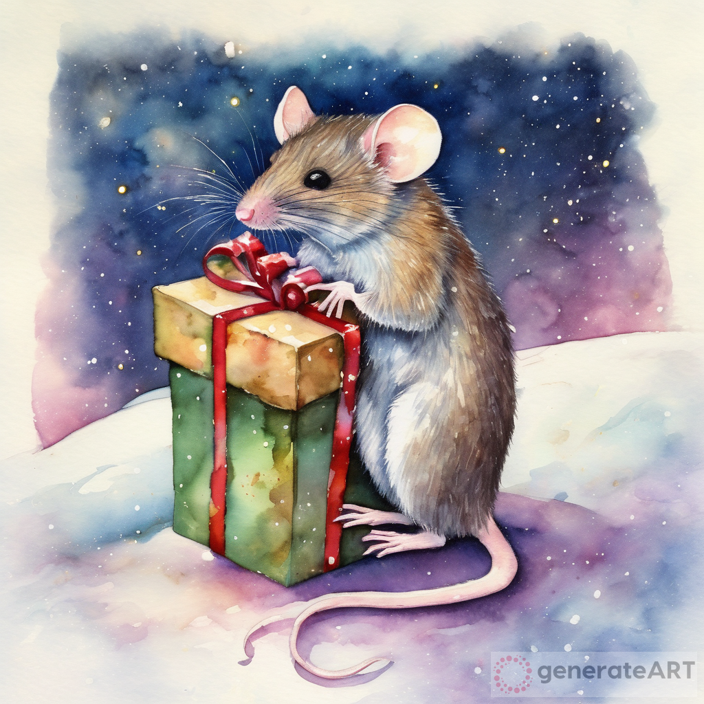 Whimsical Door Mouse on a Colorful Christmas Gift: A Fantasy Filled Watercolour Creation
