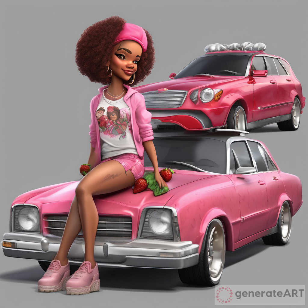 Ultra Realistic Cartoon African American Version of Strawberry Shortcake as an Adult on a High-End Car