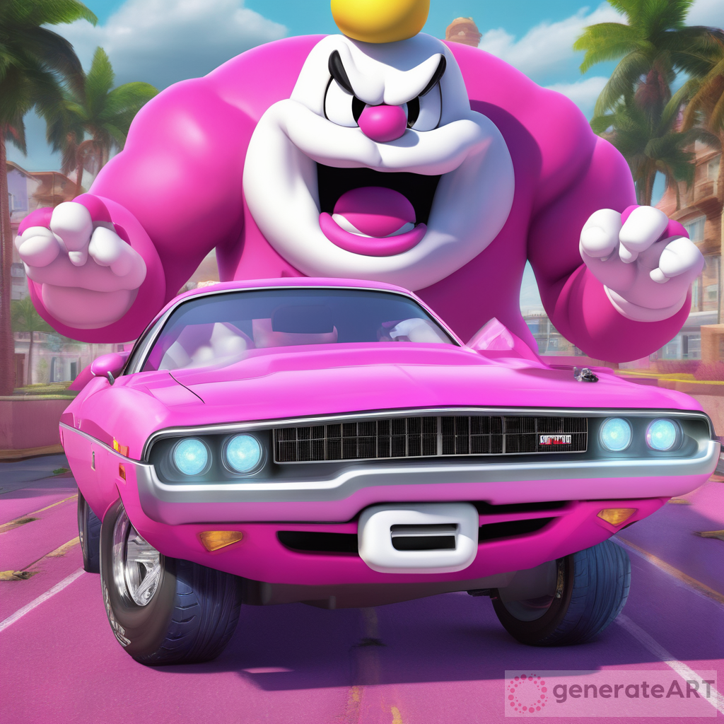 King Boo with Diamond Teeth Posing in Front of a Pink Dodge Challenger