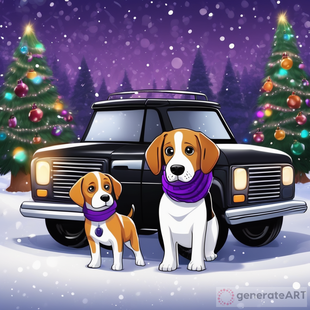 Realistic Cartoon Snowman with Purple Beanie and Scarf Holding a Beagle Puppy