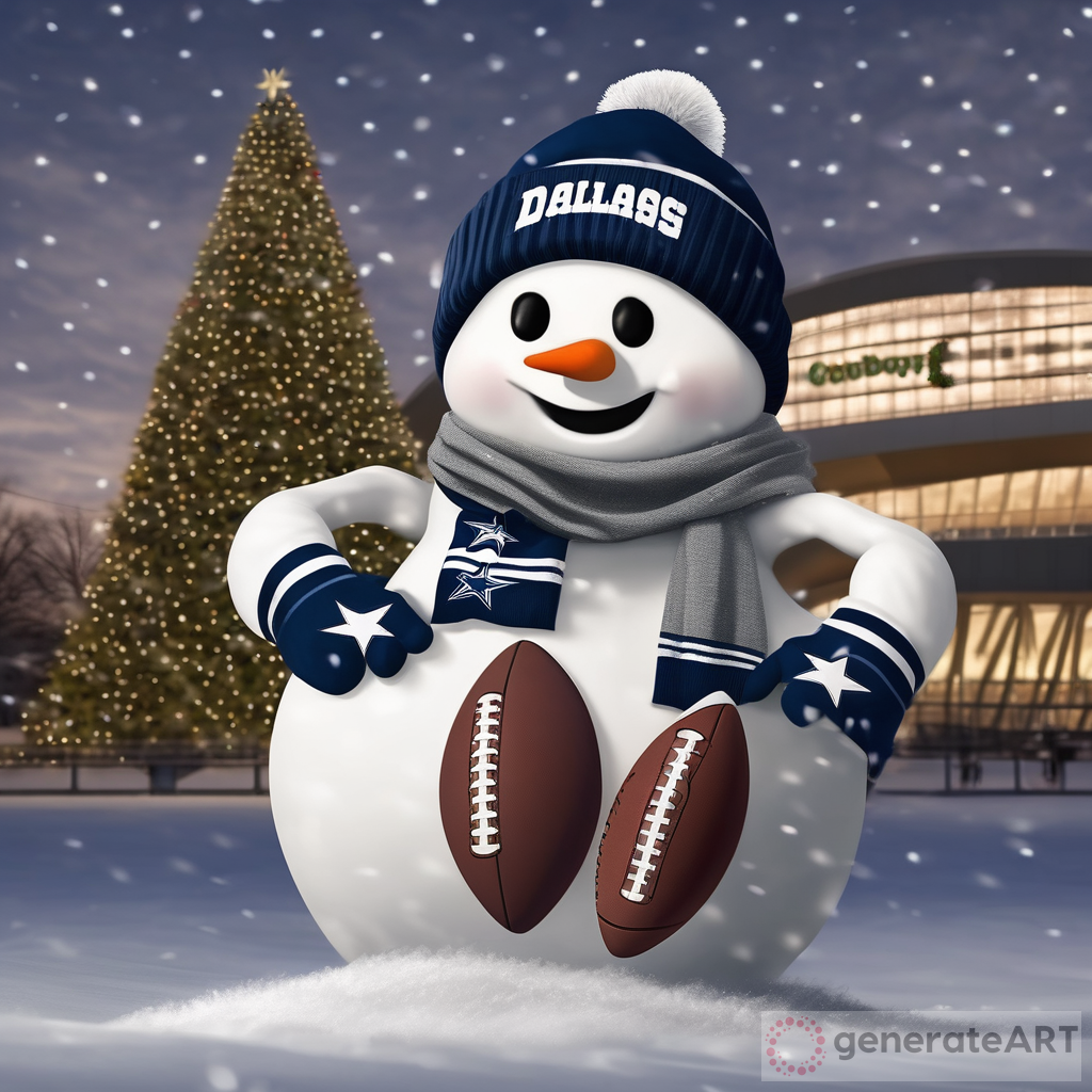 Christmas Snowman with Dallas Cowboys Beanie in front of Dallas Football Stadium