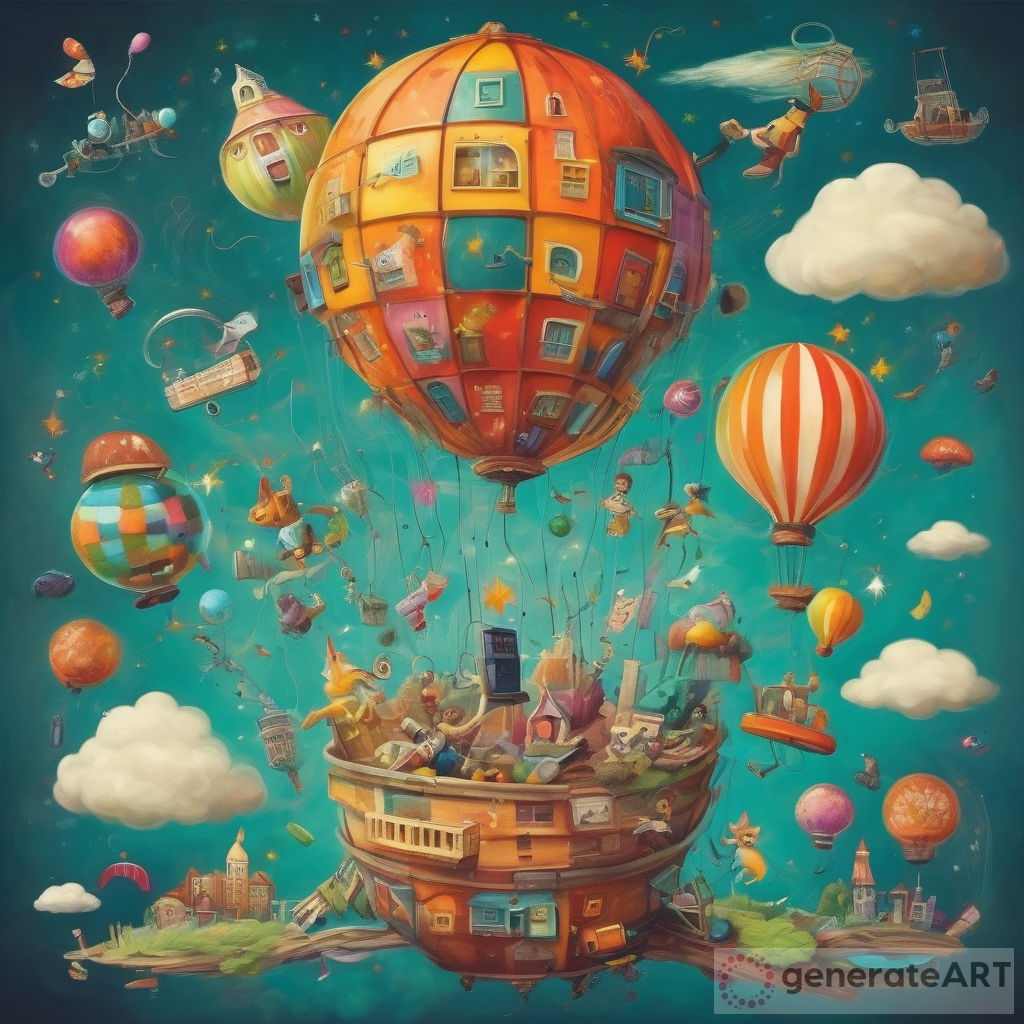 Floating Freely: A Vibrant and Whimsical Artwork Depicting a Fantastical World without Gravity