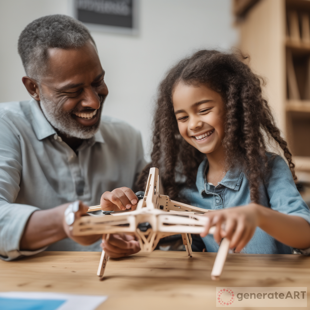 The Joy of a Father and Daughter Building a Wooden Drone in a Classroom
