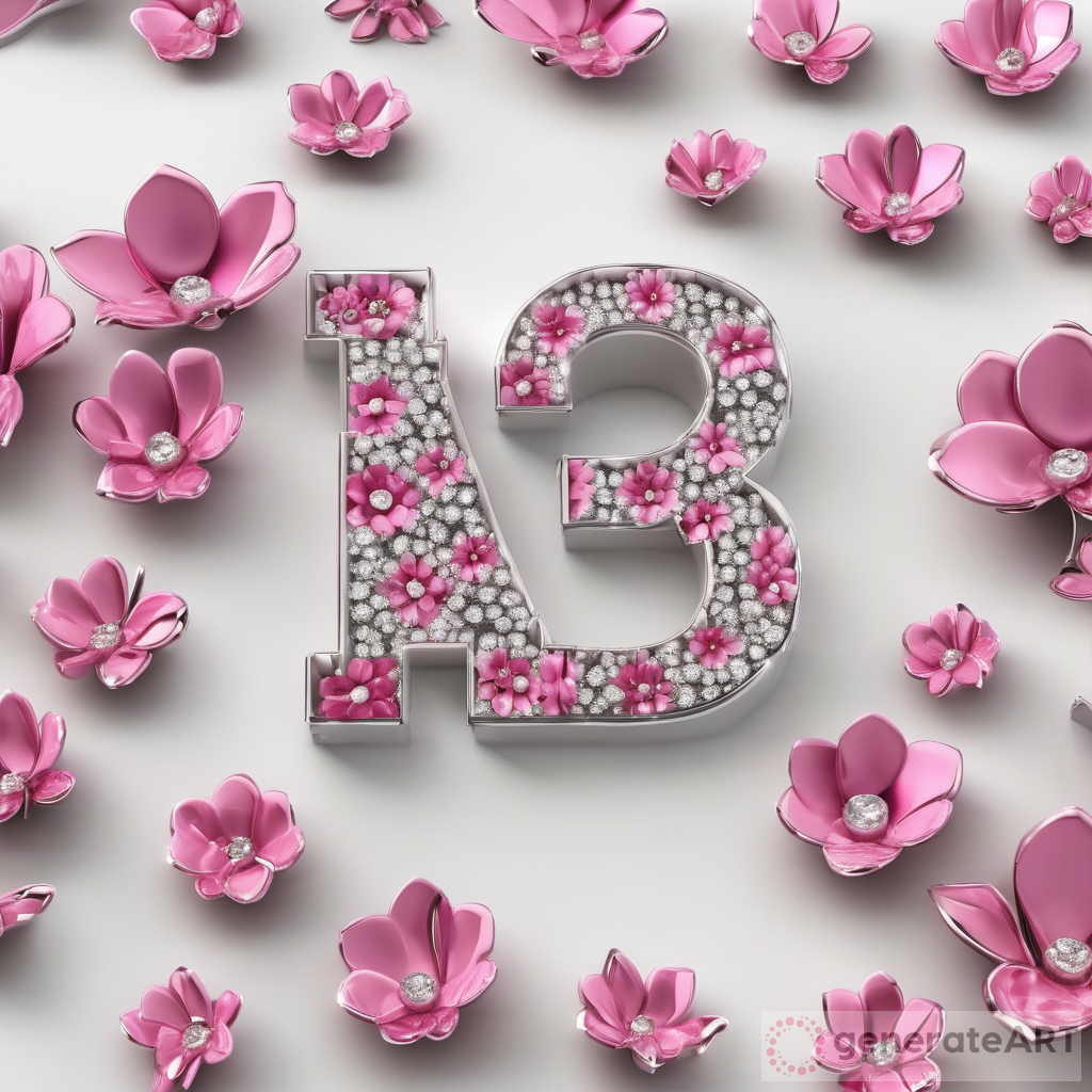 Captivating 3D Pink Flowers in Metallic Script 'Amanda' with Bling White Diamonds