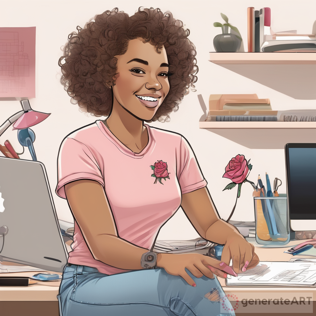 Digital Illustration: African American Woman with Short Curly Hair and Crafting Supplies