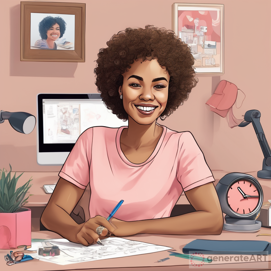Digital Illustration: Smiling African American Woman with Curly Hair and Crafting Supplies on Desk