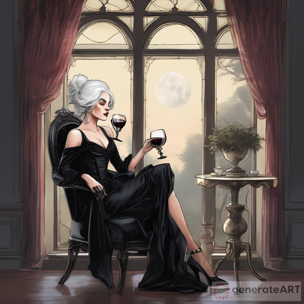 Moonlit Elegance: White-Haired Woman Sipping Wine by a Victorian Window