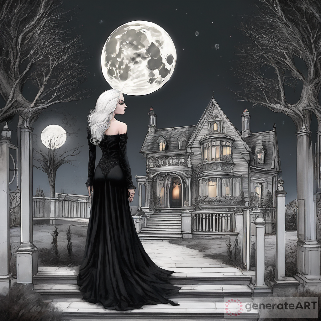 Elegant Woman with Shaved White Hair: A Moonlit Encounter