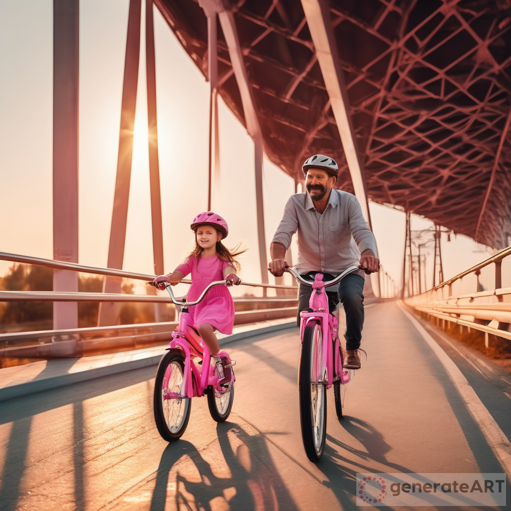 A Charming Sunset Ride: An 8-Year-Old Girl Cycling Across a Modern Bridge with her Father