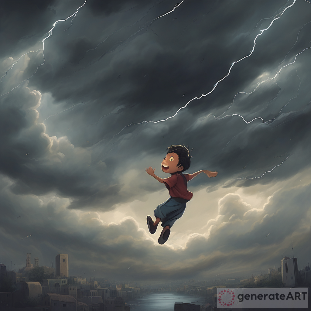 Flight of Freedom: A Young Boy Soaring Through Dark Clouds and Lightning