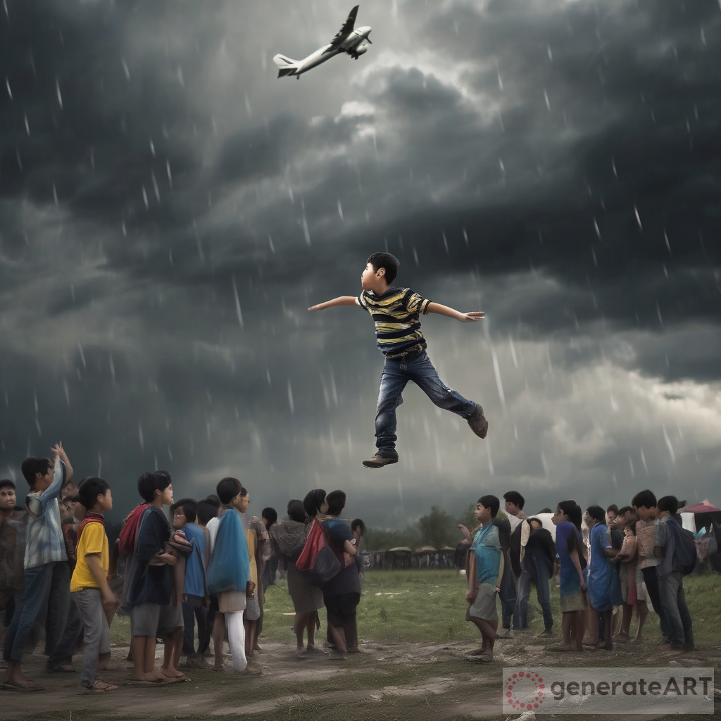 Flying Above: A Boy Soaring Amidst Dark Clouds and Lightning