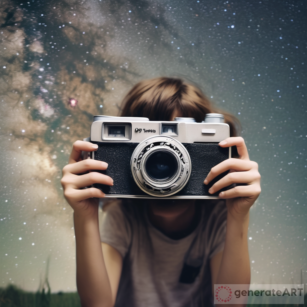 Vintage Camera with Eyes, Arms, and Legs Flying in the Milky Way