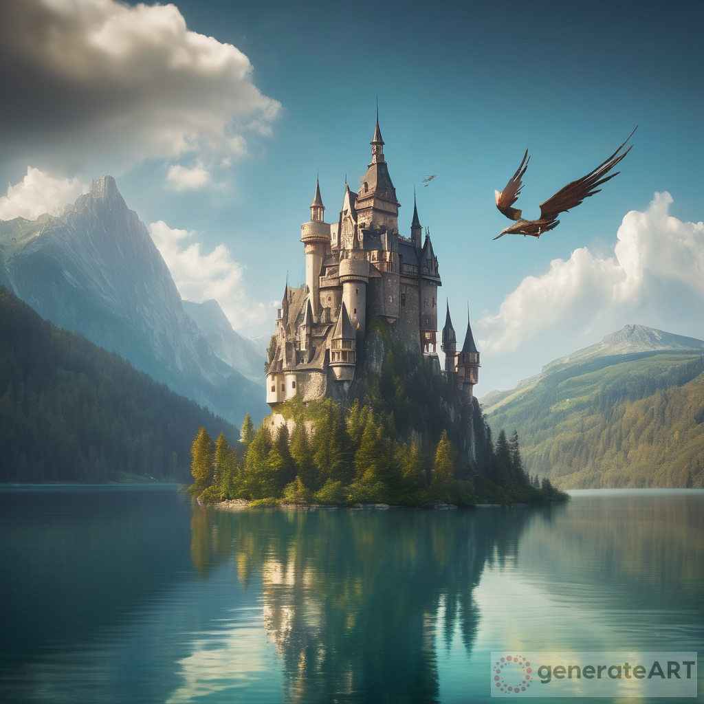 Enchanted Delights: A Flying Castle Above a Beautiful Lake