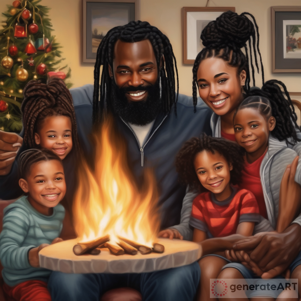 Celebrating Christmas: Realistic Painting of a Black Family of Five in a Festive Living Room