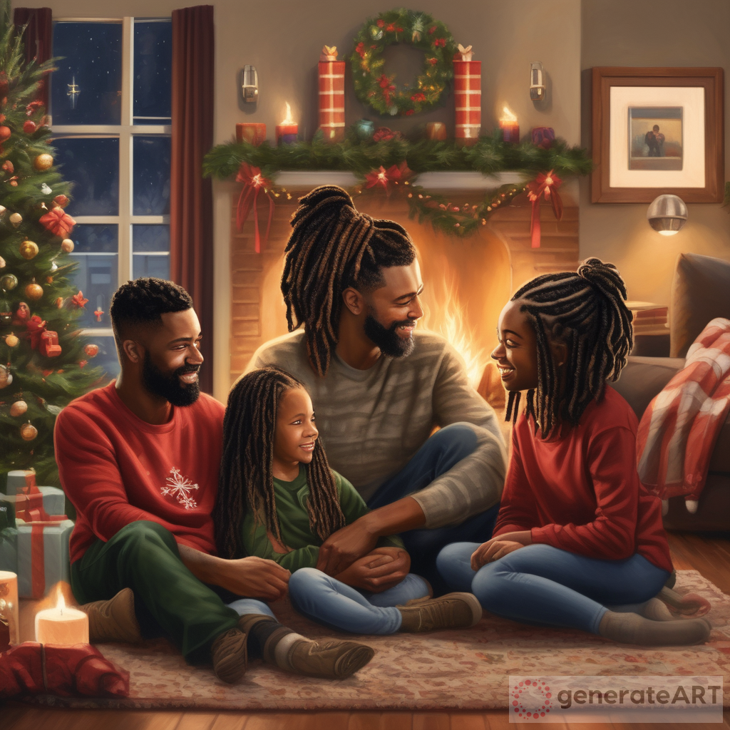 Realistic Painting of Black Family of 5 with Dad, Mom, Teen Daughter, Teen Son, and 1-Year-Old Boy in Festive Living Room