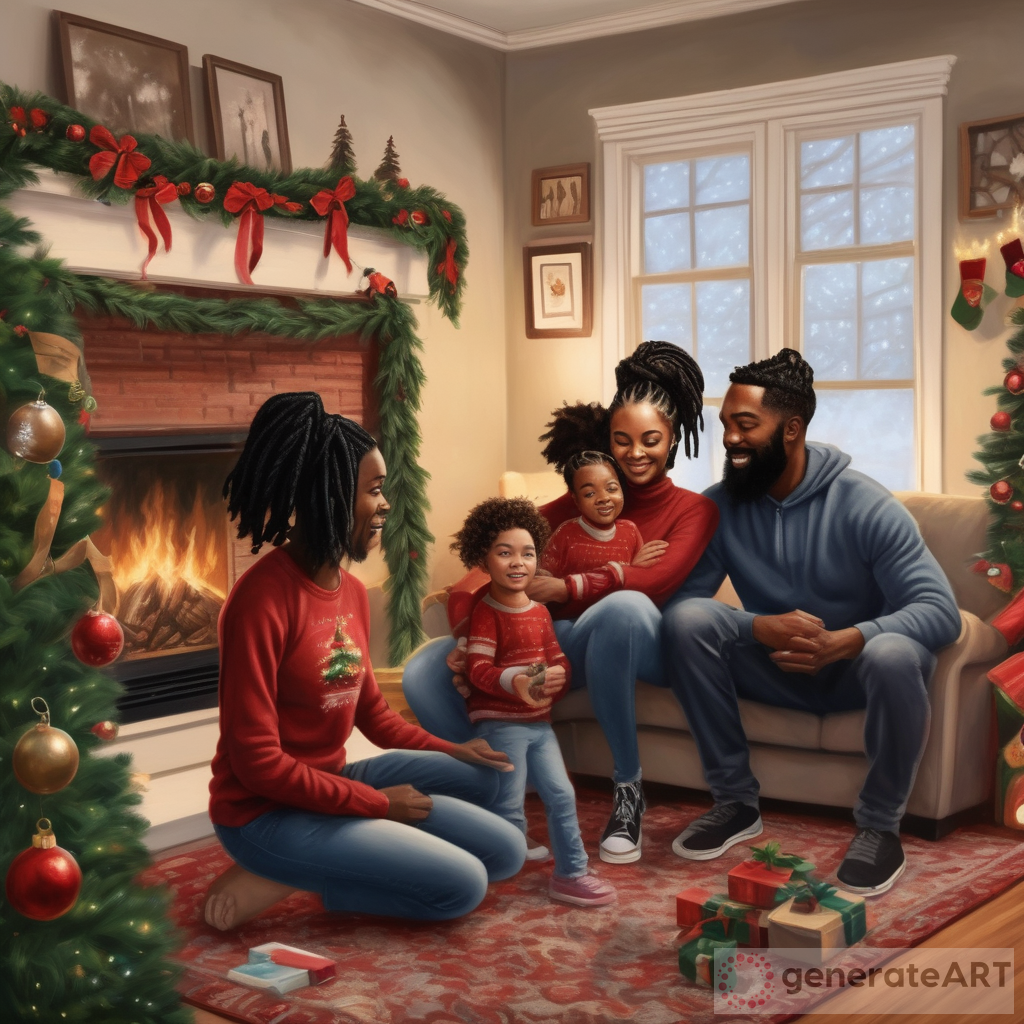 Captivating Realistic Painting: Black Family of Five in a Festive Living Room